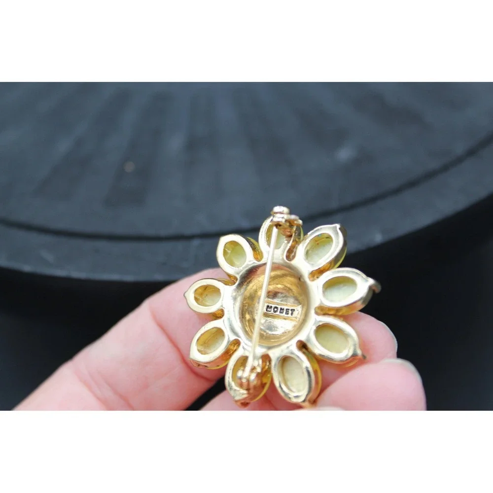 Vintage Monet Flower Brooch, Yellow Cabochons & Aurora Borealis Crystals